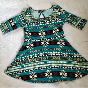 Azctec patterned keyhole mini dress